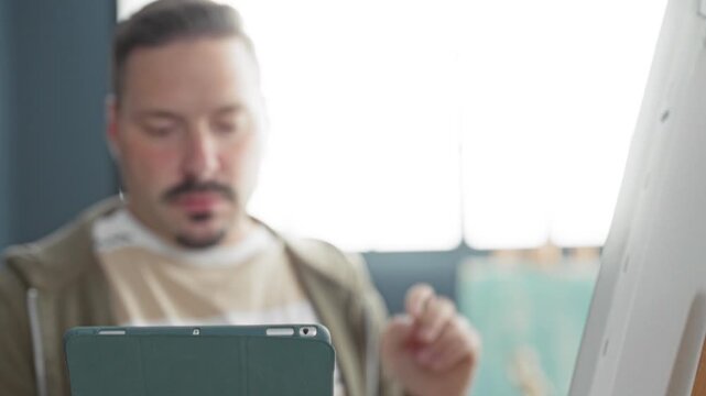 Man painter holds tablet and paintbrush while painting on canvas at wooden easel in bright studio with large window; focused creativity.