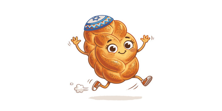 Cute cartoon challah bread character wearing a kippah running
