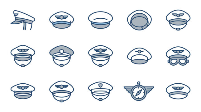 Pilot hat and captain cap icon set, aviation linear vector symbols