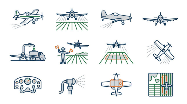 Crop Dusting Icons and Agricultural Aviation Set