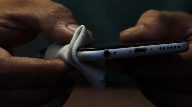 Close-up of an Asian man's hands cleaning a smartphone screen and frame with a cloth, sitting at a table in a room with a dark interior. Concept of device maintenance and hygiene.