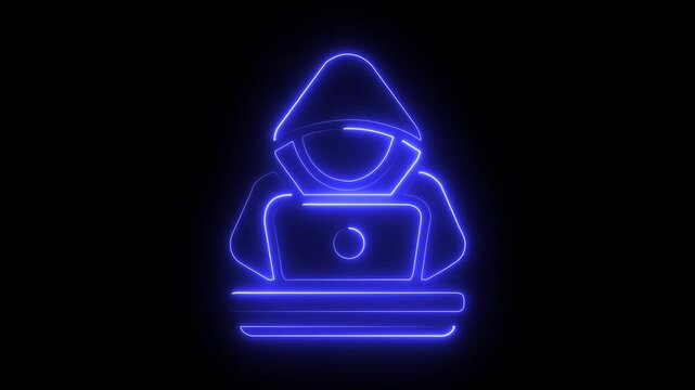 Hacker and laptop icon with glowing neon effect &ndash; Cybersecurity, digital hacking, and technology symbol. WHIT 4k video.