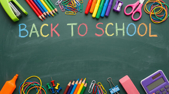 School border back to school supplies colorful chalkboard layout flat lay creative design. Education learning children student. colourful stationery supply, background banner frame