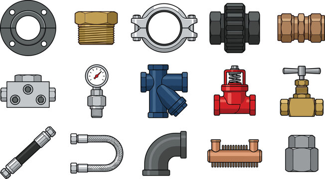 Industrial Pipe Fittings and Plumbing Components Icon Collection Featuring Valves Connectors Gauges Flanges Couplings and Hydraulic Hardware Vector Illustrations