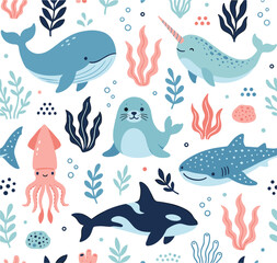 Cute sea life seamless vector pattern with cartoon whale narwhal seal squid killer whale shark seaweed and coral for kids wallpaper textile design © Rumi