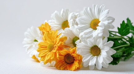 Fototapeta premium Elegant bouquet of white and yellow daisies against light background with blooming botanical arrangement colorful ornamental composition freshness background textured delicate gardening