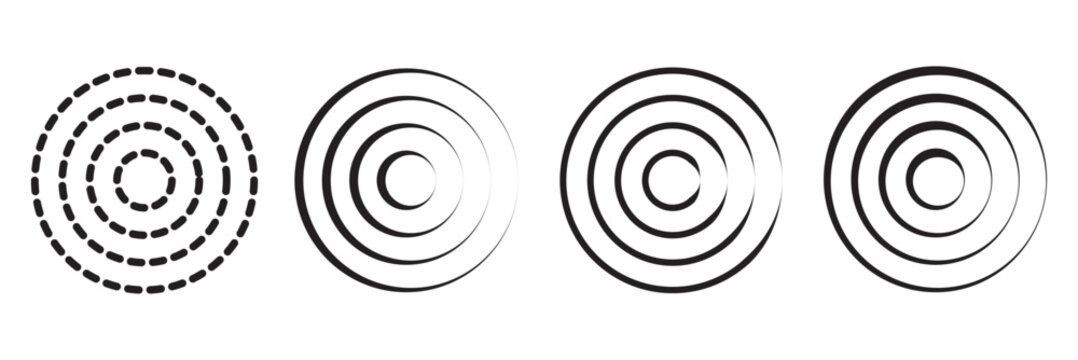 Red concentric ripple circles set. Sonar or sound wave rings collection. Epicentre, target, radar icon concept. Radial signal or vibration elements. Halftone vector Dashed and dotted line rippled