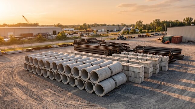 Industrial Yard Overview Of Circular Concrete Blocks And Salvaged Steel