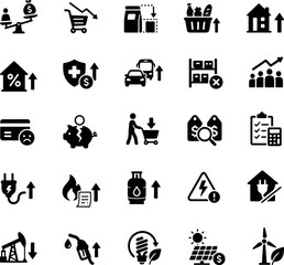 Obraz premium Energy crisis and household expense solid icons set, utility bills, electricity, gas, fuel, inflation, cost of living concept