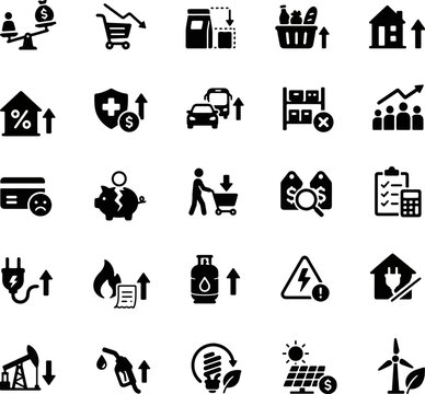 Energy crisis and household expense solid icons set, utility bills, electricity, gas, fuel, inflation, cost of living concept