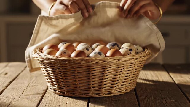 Hands uncover basket filled with eggs on wooden table. Kitchen setting has warm lighting and rustic appeal. Concept of cooking, home baking, small farms