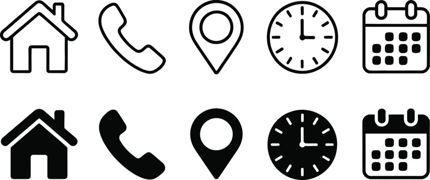 Interface Icon vector illustration featuring phone receiver home location pin clock calendar symbols for contact navigation scheduling planning and user interface