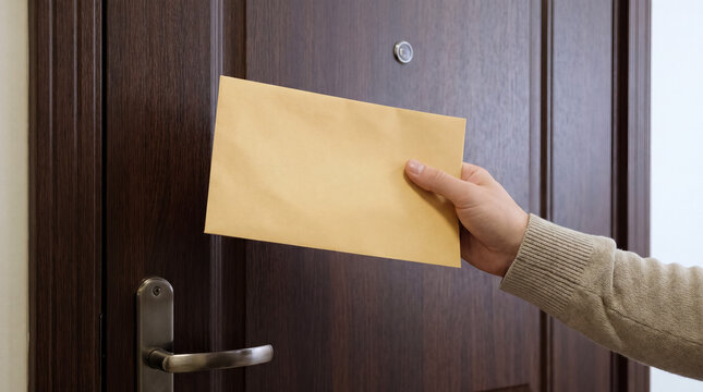 Hand delivering important mail envelope, courier bringing significant message, documents, or invitation to front door