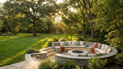 Fototapeta premium Luxurious circular outdoor seating area with a fire pit and ambient lighting