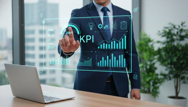 Man in suit interacting with a glowing digital interface displaying business analytics and key performance indicators, representing data analysis and progress