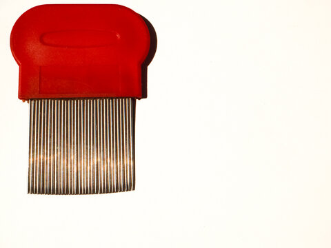 Red Fine Tooth Comb Isolated on White Background with Copy