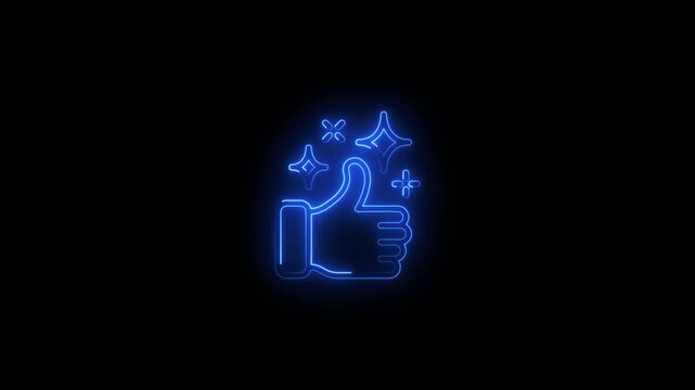 Neon pink thumbs up icon with sparkling stars on black background animated glowing Neon blue glowing Like icon futuristic approval, social media success and positive feedback symbol animation
