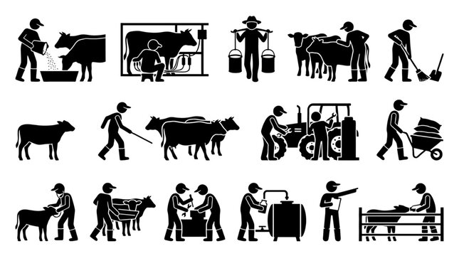 Collection of farming and agriculture icons depicting farmers working with cows, milking, feeding, cleaning, tractor maintenance, and livestock management in a simple vector style.