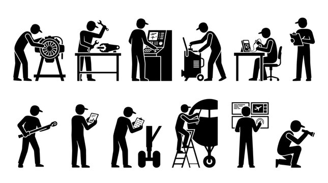 Professional aviation and aircraft maintenance icon set featuring engineers and mechanics inspecting jet engines, performing repairs, and monitoring flight systems for safety.