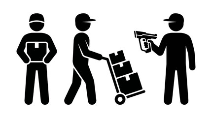 Professional warehouse logistics icons showing workers in action with packages, using a hand truck for transport, and scanning inventory items with a handheld device for accurate tracking. © Essential Design Lab