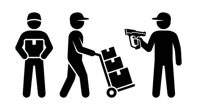 Professional warehouse logistics icons showing workers in action with packages, using a hand truck for transport, and scanning inventory items with a handheld device for accurate tracking.