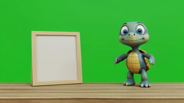 Cute cartoon turtle with blank frame on wooden shelf with green screen background