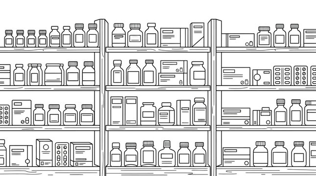Hand drawn illustration of pharmacy shelves filled with various medicine bottles and boxes.