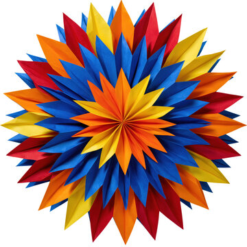 Bright folded paper star ornament with colorful radial points for party and celebration decorations isolated on transparent background
