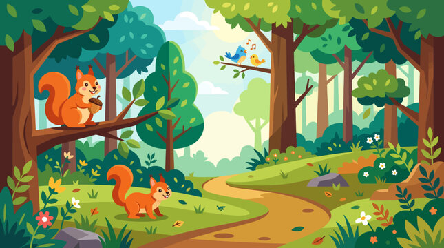 Cute cartoon squirrels in a vibrant summer forest landscape.