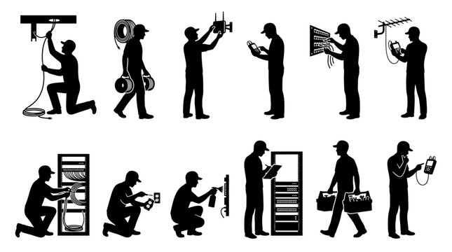 Professional collection of network and electrical installation icons featuring technicians working with wiring, testing equipment, and server hardware for telecommunications and data infrastructure.
