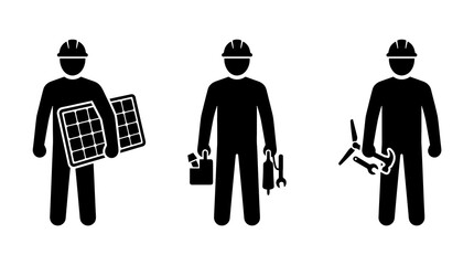 Professional renewable energy technicians holding solar panels, electrical tools, and wind turbine components, representing green energy industry experts in a clean, minimalist design. © Essential Design Lab