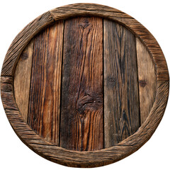 Fototapeta premium Weathered round wooden tabletop made from aged planks with dark rustic texture isolated on transparent background 
