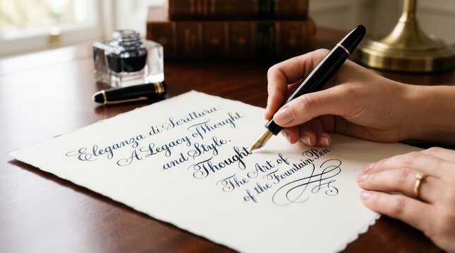 Woman writing calligraphy with elegant fountain pen on textured paper at wooden office desk.