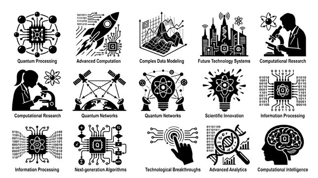 Advanced quantum computing and scientific research icon set featuring complex data modeling, computational intelligence, technological breakthroughs, and next-generation algorithms for future systems.