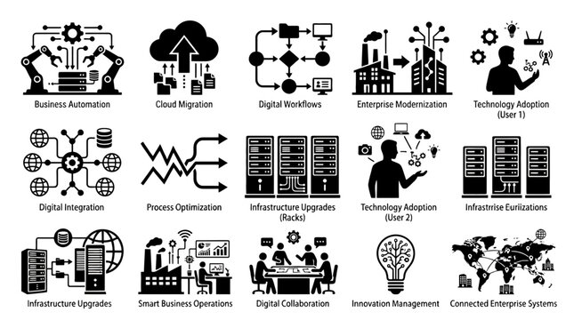 Set of business automation and digital transformation icons featuring cloud migration, enterprise modernization, technology adoption, and connected infrastructure systems in black.