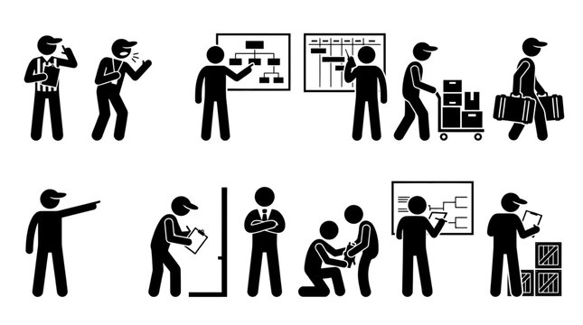 Collection of black silhouette icons representing warehouse staff, logistics managers, and supply chain workers performing inventory, shipping, and organizational tasks.