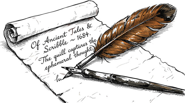 Vintage scroll document parchment paper with classical feather quill and ancient fountain pen retro hand drawn sketch vector,