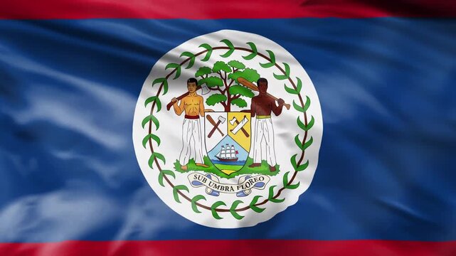 Waving Belize flag with national coat of arms on it.