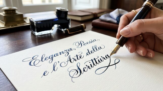 Elegant female hand using black fountain pen to write artistic poetry on luxury cream paper.