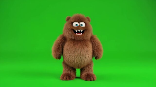 Cheerful cartoon bear character expressing joy and excitement in a studio setting