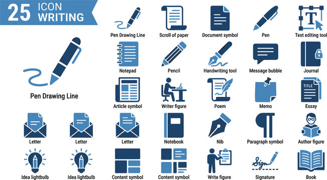 Writing process and literature office icons set featuring pen tools document symbols notepad journal and creative content development,