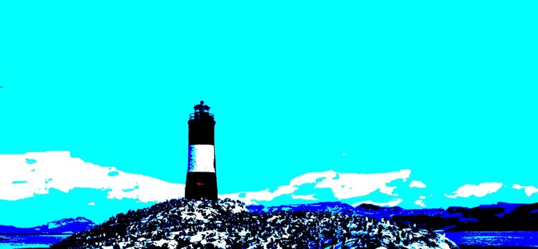 Beautiful coastal lighthouse artwork with a clear light blue sky copy space