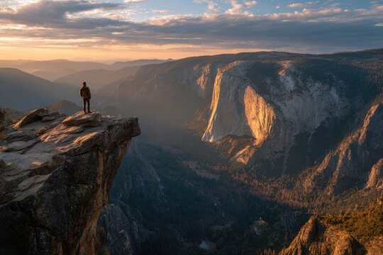 Backlit person standing on a mountain precipice looking out over a expansive canyon landscape at sunset with mountain adventure landscape wilderness exploration standing vertical mountainous