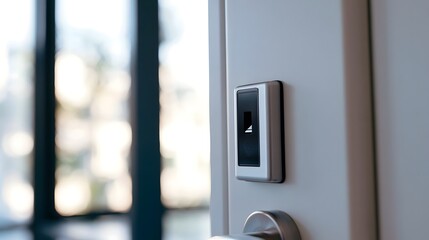 Naklejka premium Modern fingerprint scanner mounted on door for secure entry using biometric technology in contemporary interior space