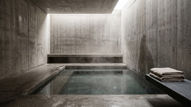 Brutalist Thermal Pool Interior With Steam And Monolithic Concrete