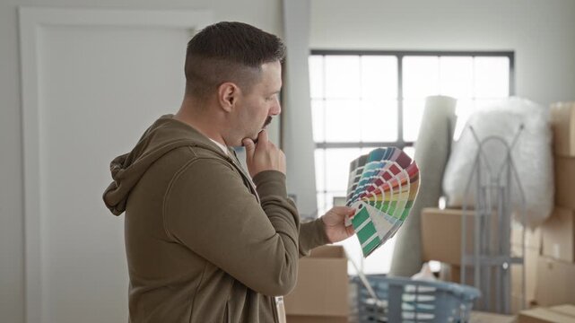 Man holding paint swatches in a building apartment, surrounded by moving boxes and packing materials; thoughtful planning.