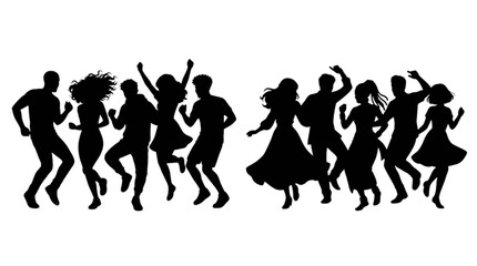 Obraz premium Silhouette illustration of people dancing together in a joyful group celebration isolated on transparent background, Vector