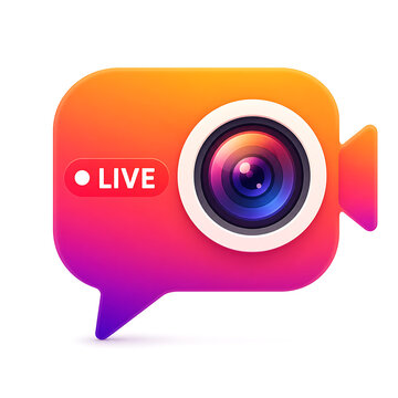 Vibrant live streaming icon with camera lens on colorful speech bubble on white