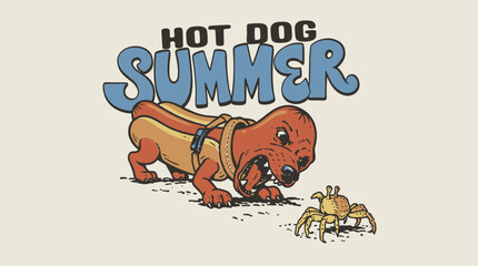 Fototapeta premium Funny retro hot dog dachshund barking at a crab on the beach, vintage comic illustration for t-shirt design and summer apparel