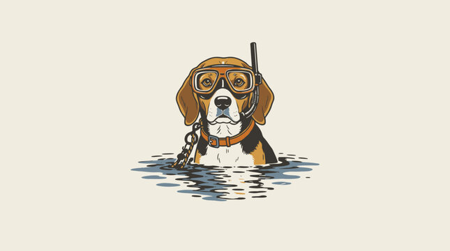 Quirky Beagle dog snorkeling in water wearing scuba mask and goggles, retro vintage graphic illustration for t-shirt design and summer branding
